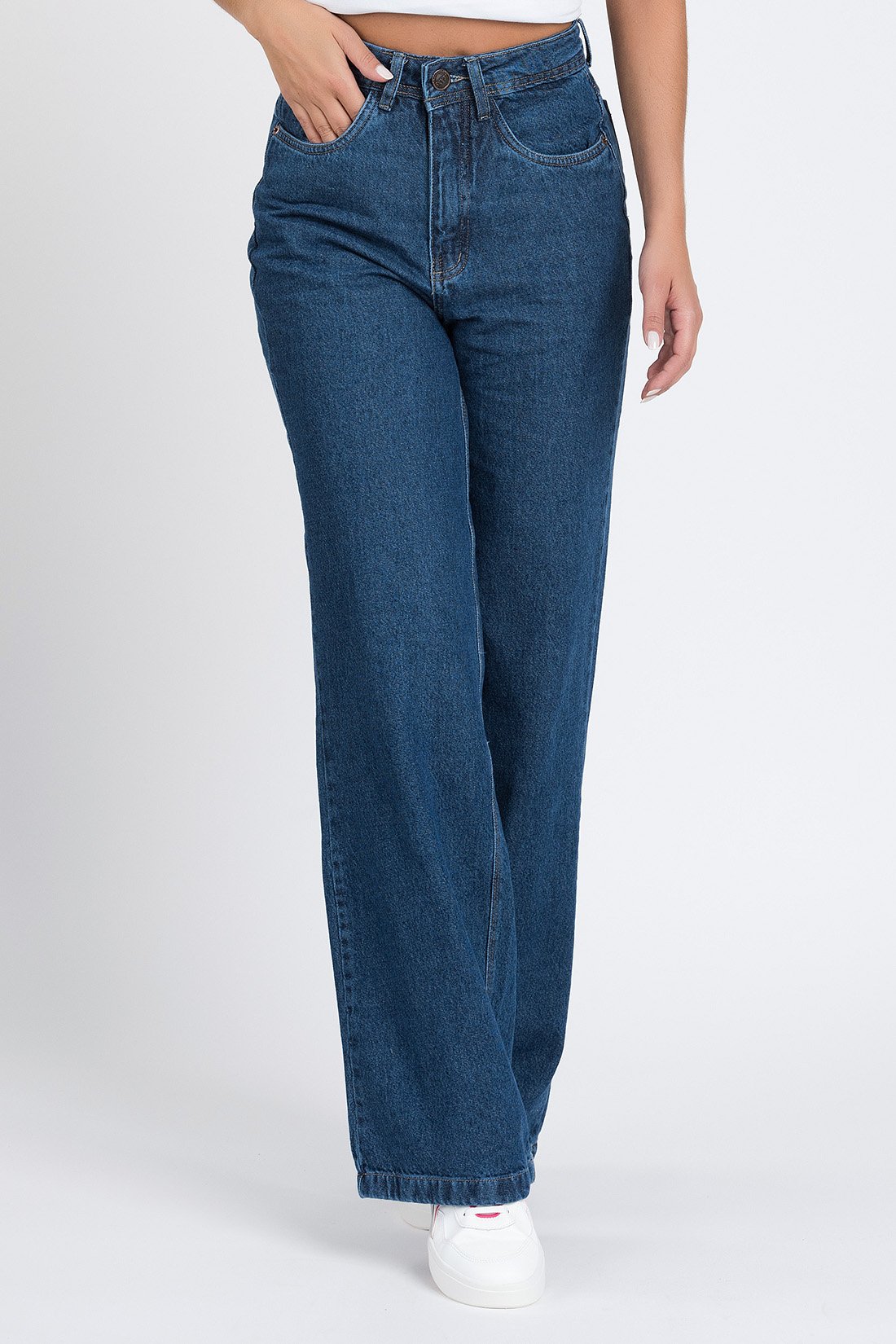 Calça Wide Leg Reta em Jeans Escuro  Jeans Escuro