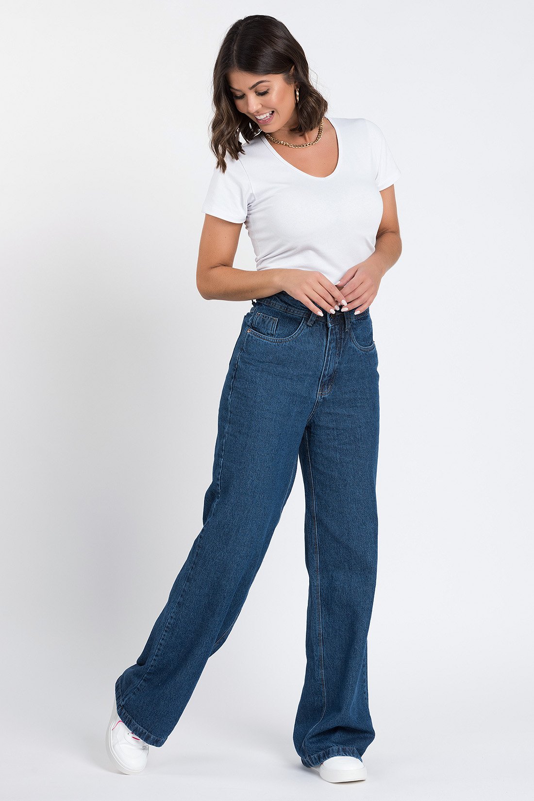 Calça Wide Leg Reta em Jeans Escuro  Jeans Escuro