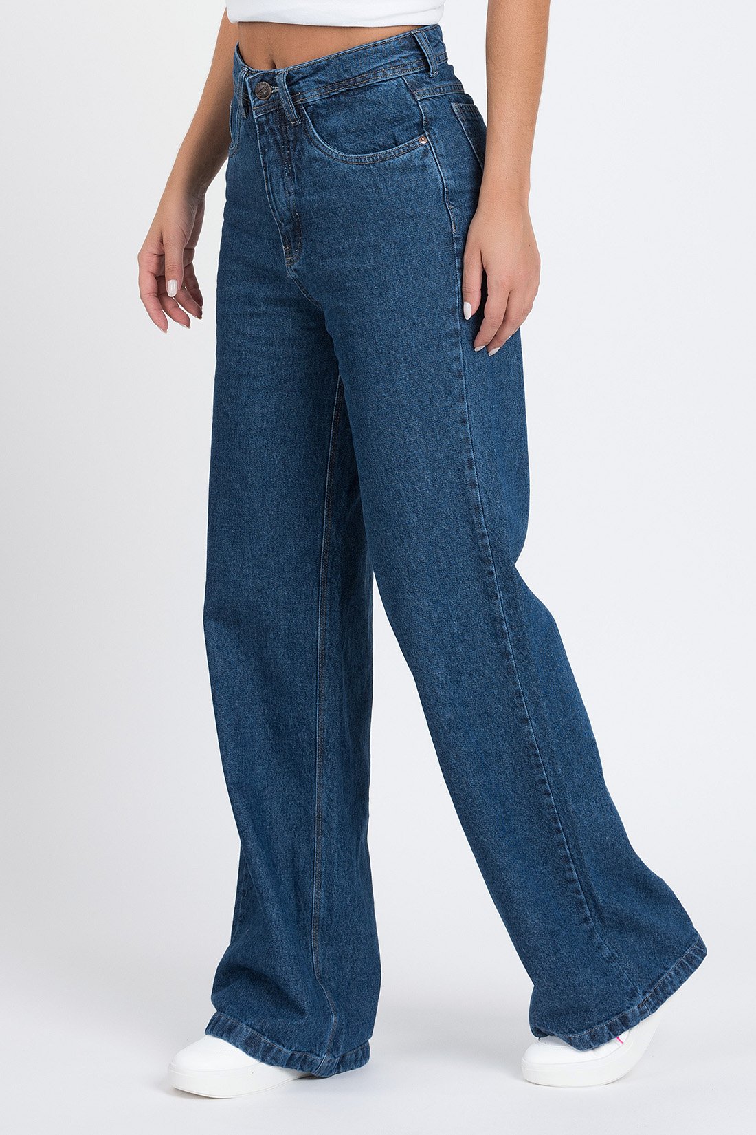 Calça Wide Leg Reta em Jeans Escuro  Jeans Escuro