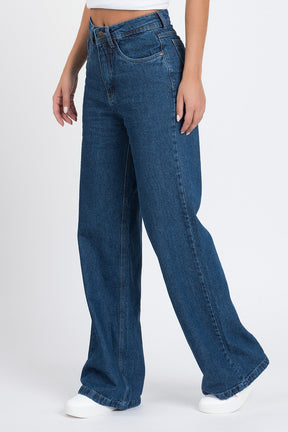 Calça Wide Leg Reta em Jeans Escuro  Jeans Escuro